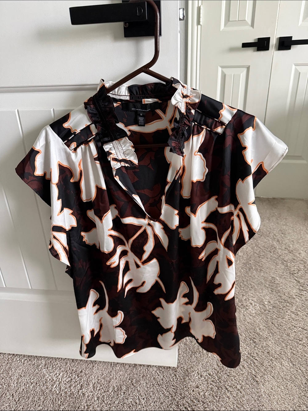 NWOT White House Black Market Brown, Black, White Ruffle V-Neck Top